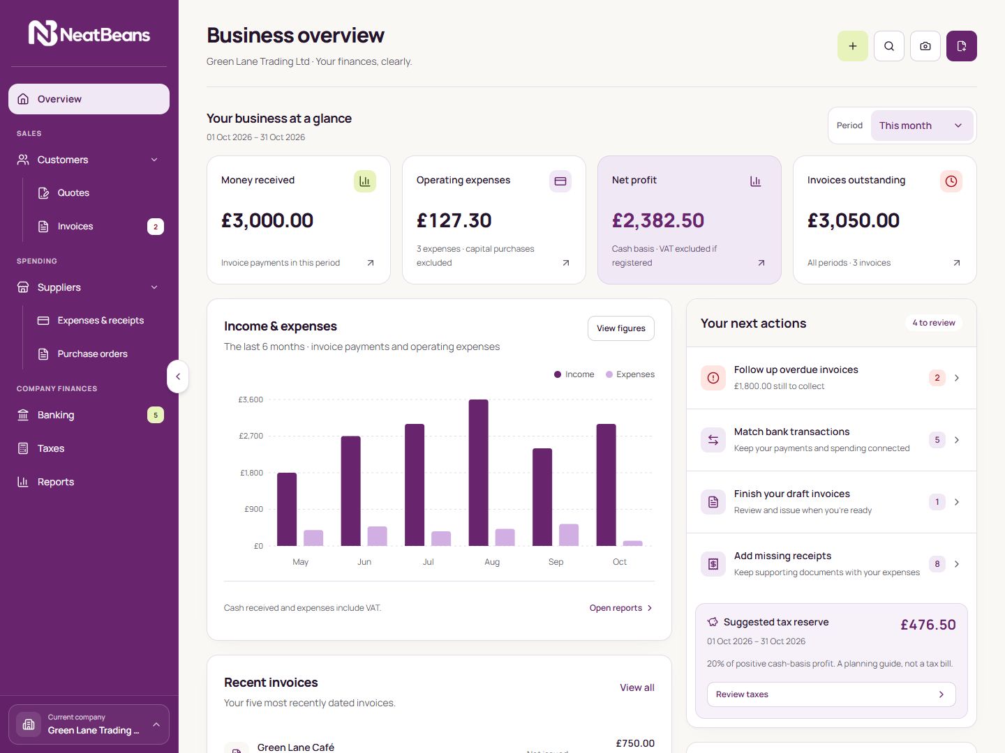 NeatBeans business overview with example records