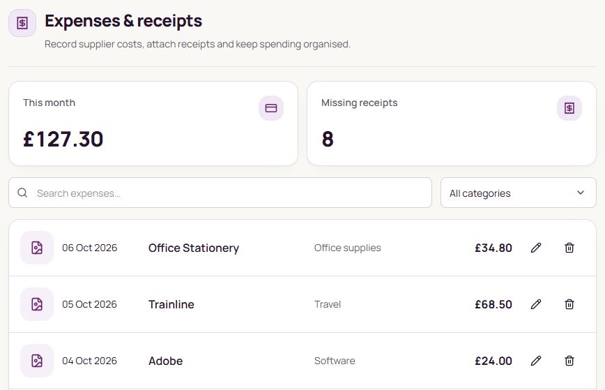 Actual NeatBeans Expenses screen with example records