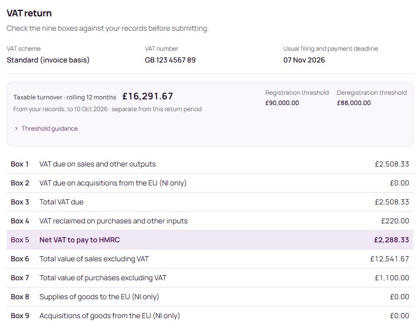 Actual NeatBeans VAT summary screen with example records