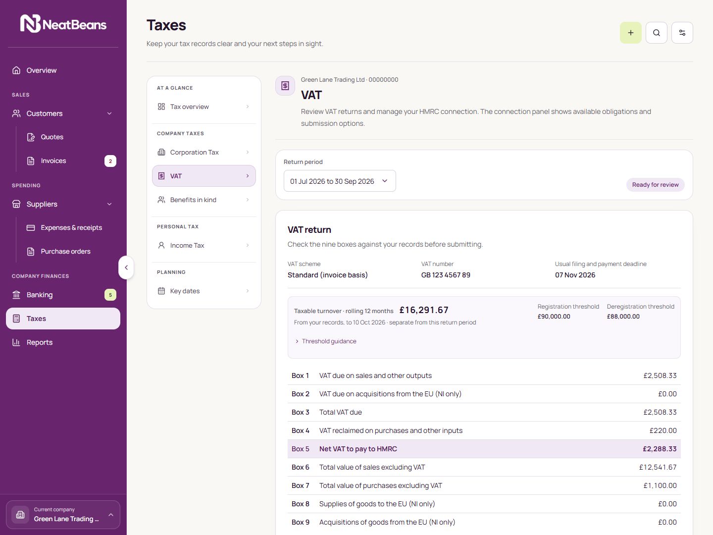 Full NeatBeans VAT summary screen with example records